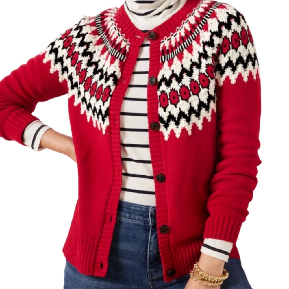NWT Talbots Fair Isle Holiday Winter Cardigan Sweater Red Black and White